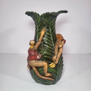 Cedar Creek Collection 3D Palm Leaf Monkey & Banana Resin Vase - Tropical Decor